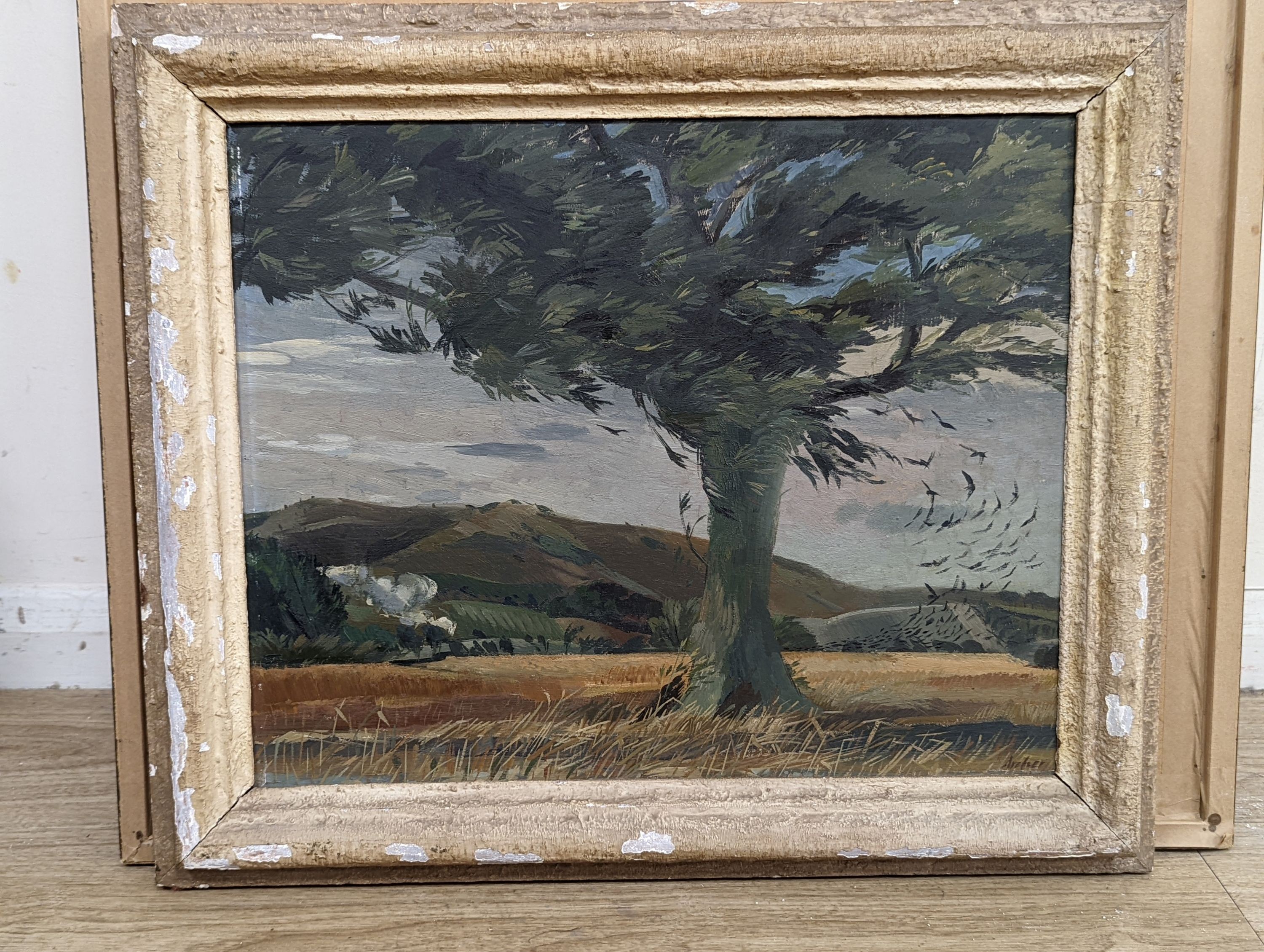 Archer, oil on board, Windswept view of the Downs, signed, 37 x 46cm